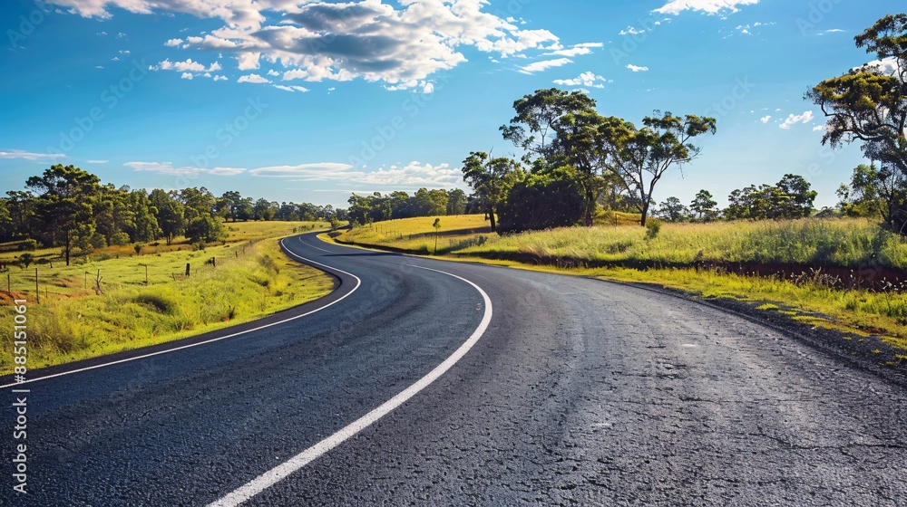 A long stretch of asphalt road winding through a scenic landscape, lined with trees and fields, under a clear blue sky with a few fluffy clouds, inviting the viewer to imagine a journey or adventure A long stretch of asphalt road winding through a scenic landscape, lined with trees and fields, under a clear blue sky with a few fluffy clouds, inviting the viewer to imagine a journey or adventure