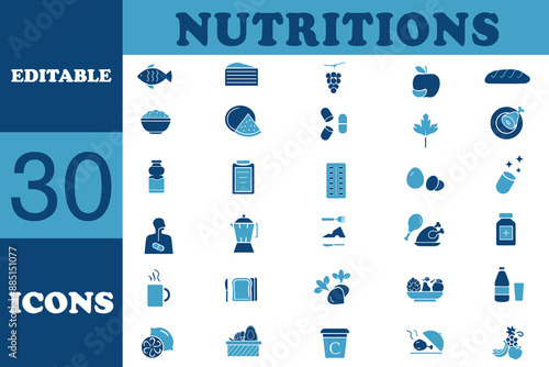 Nutrition flat editable icons set. Healthy eating related icons: types of healthy and unhealthy foods, vitamins, minerals, stomach, vegetables, metabolism, calories, fruits and more