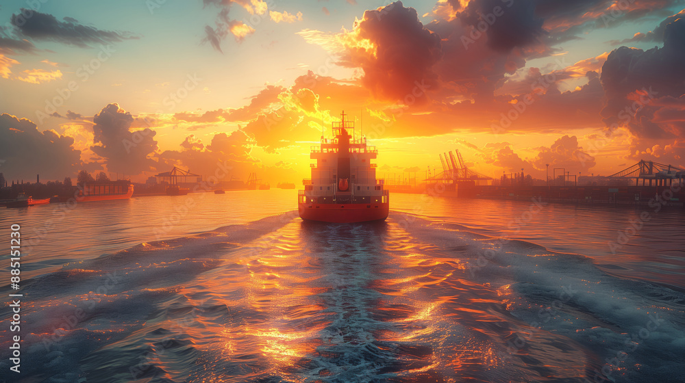 Cargo Ship Entering Industrial Port at Sunrise. Large cargo ship entering an industrial port at sunrise, with vibrant skies and reflections on the water, highlighting global trade and logistics. Cargo Ship Entering Industrial Port at Sunrise. Large cargo ship entering an industrial port at sunrise, with vibrant skies and reflections on the water, highlighting global trade and logistics.