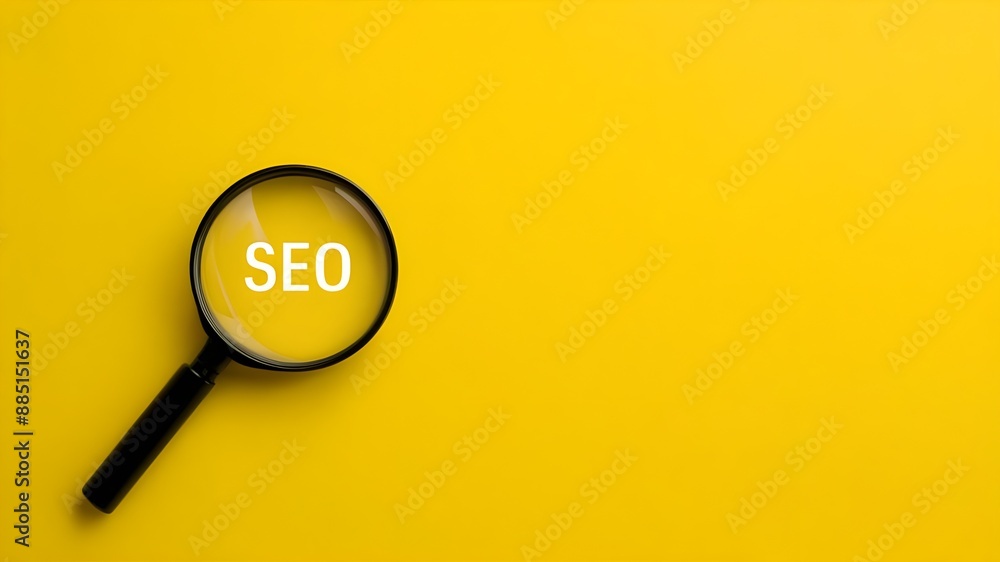 SEO, Search Engine Optimization text, and a magnifying glass on a bright yellow background.Optimization Scheme SEO, Search Engine Optimization text, and a magnifying glass on a bright yellow background.Optimization Scheme