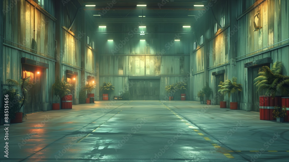 Empty Warehouse with Plants and Dim Lighting. Spacious, empty warehouse with potted plants and dim lighting, combining industrial logistics with a touch of greenery and ambient atmosphere. Empty Warehouse with Plants and Dim Lighting. Spacious, empty warehouse with potted plants and dim lighting, combining industrial logistics with a touch of greenery and ambient atmosphere.