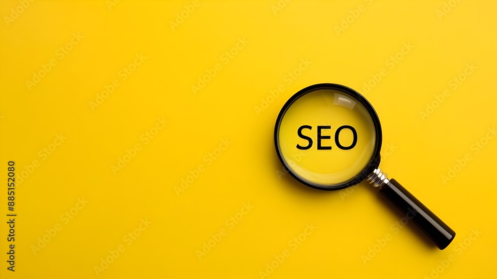 SEO, Search Engine Optimization text, and a magnifying glass on a bright yellow background.Optimization Scheme SEO, Search Engine Optimization text, and a magnifying glass on a bright yellow background.Optimization Scheme