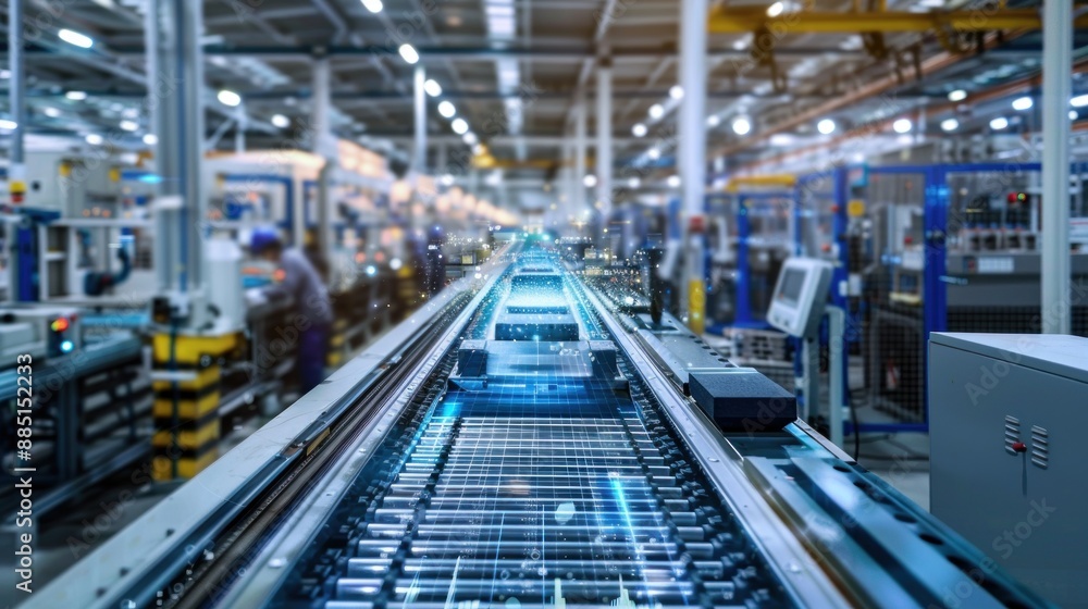 A factory with a conveyor belt that has a blue and white design A factory with a conveyor belt that has a blue and white design