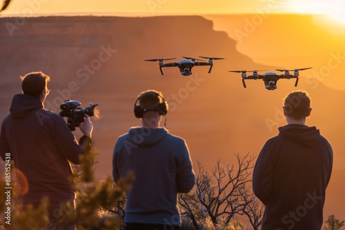 Three people operating drones at sunset in a desert landscape. Perfect for aerial photography themes. National Aviation Day