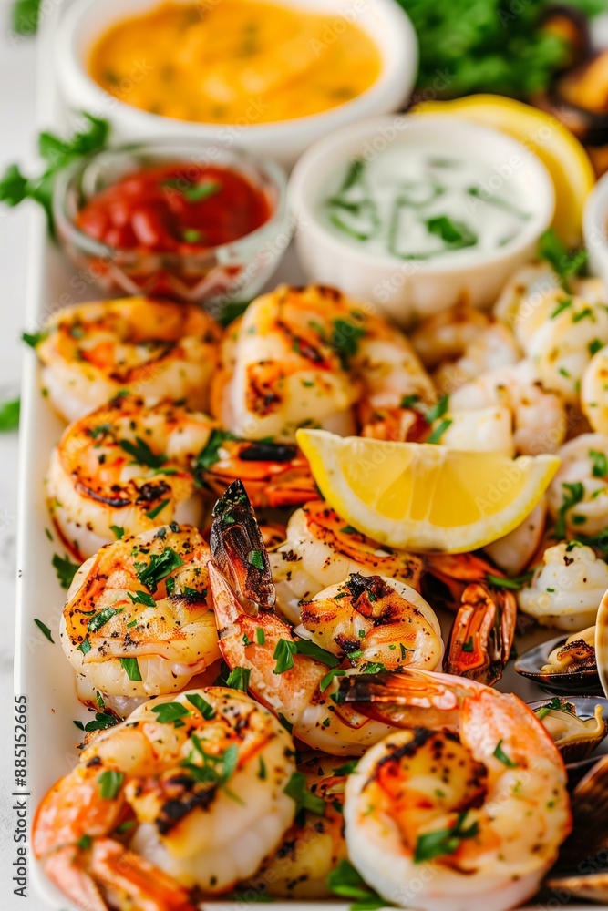 seafood platter with grilled shrimp, calamari, clams, lemon slices, and dipping sauces, garnished with fresh herbs, creating a diverse and appetizing seafood spread seafood platter with grilled shrimp, calamari, clams, lemon slices, and dipping sauces, garnished with fresh herbs, creating a diverse and appetizing seafood spread