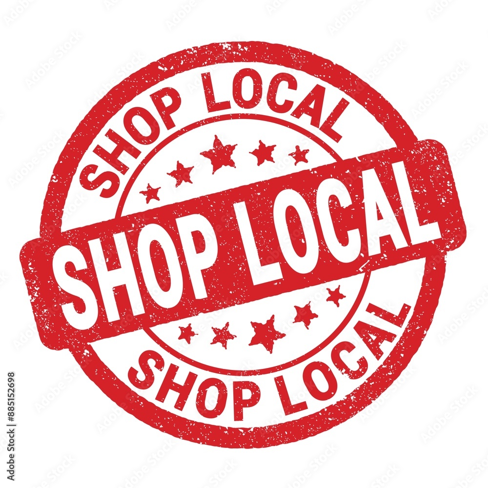 SHOP LOCAL text written on red round stamp sign. SHOP LOCAL text written on red round stamp sign.
