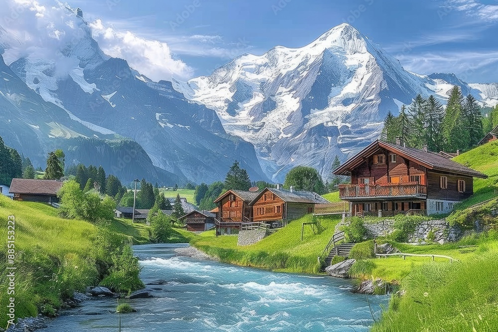 Fototapeta premium Swiss Village Amidst Majestic Mountains