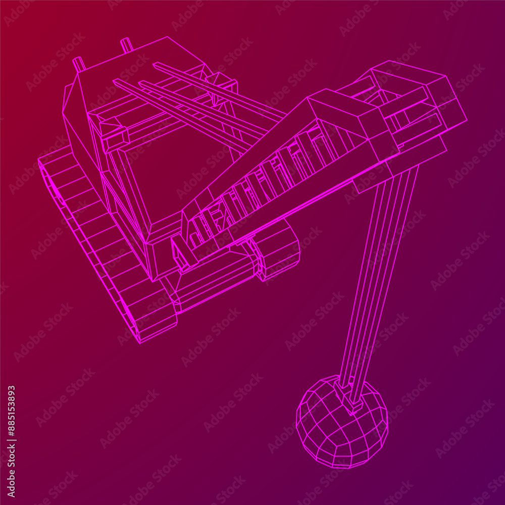 Obraz premium Wrecking ball excavator, demolition crane machine. Wireframe low poly mesh vector illustration