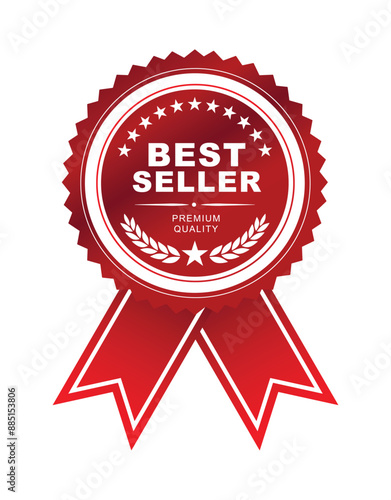 Best seller sticker label, red badge and Red ribbon with Stars and laurel wreath Decoration vector isolated with Premium Quality product, book cover , Premium goods , or your website ready to print