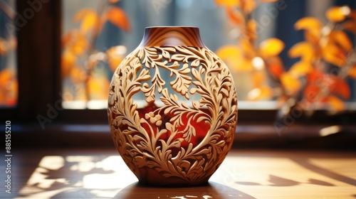 Colorful Woodcarving Vase With Polish Folklore Motifs Mughal Art Inspired, Modern vases HD 8K wallpaper Stock Photographic Image, GENERATIVE AI   photo