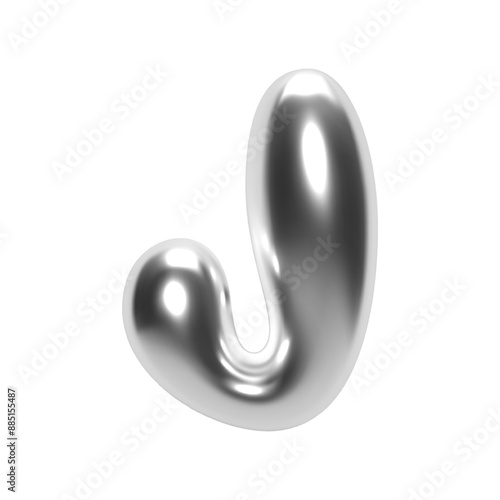 3D chrome letter J in futuristic Y2K bubble style. Inflated liquid metal form with shiny silver glossy surface. Isolated alphabet letter from trendy vector render font for modern typography and design