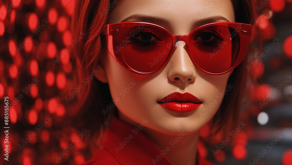 Fototapeta premium It's a close-up of a woman's face wearing red sunglasses and red lipstick. The background is blurry red.