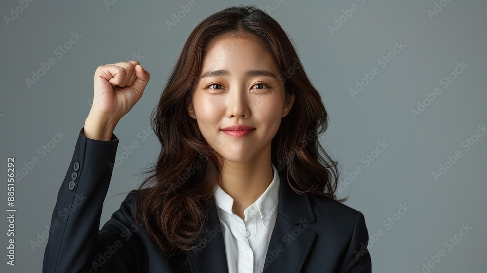 Portrait of happy korean woman looks in camera. hand in the air, Beautiful businesswoman Portrait of happy korean woman looks in camera. hand in the air, Beautiful businesswoman
