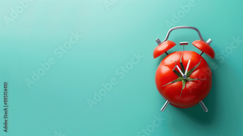 Pomodoro method, planning. Clock that looks like tomato. Red background, copy space banner