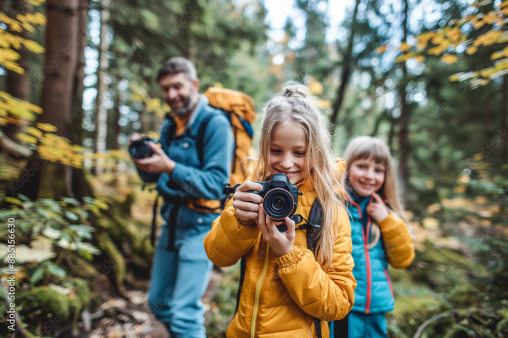 A family explores a lush forest, capturing happy moments with their cameras during a photography adventure. World Photo Day A family explores a lush forest, capturing happy moments with their cameras during a photography adventure. World Photo Day