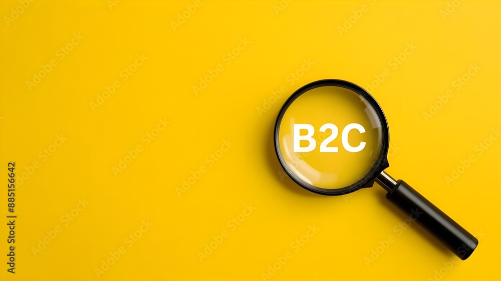magnifying glass on a yellow background, close-up photography with text B2c, B2B, business-to -Business, Business -to-customer magnifying glass on a yellow background, close-up photography with text B2c, B2B, business-to -Business, Business -to-customer