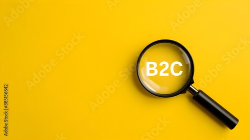 magnifying glass on a yellow background, close-up photography with text B2c, B2B, business-to -Business, Business -to-customer