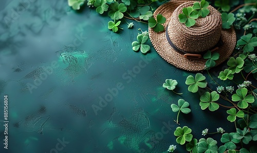 happy st patrick s day banner top view shamrock leaf clovers,irish elf hats on green background saint patricks day flat lay composition photo