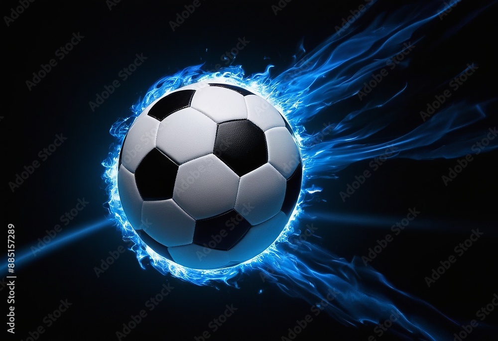 Fototapeta premium Cosmic Soccer Ball: Blazing Blue Fireball Streaking Through the Dark