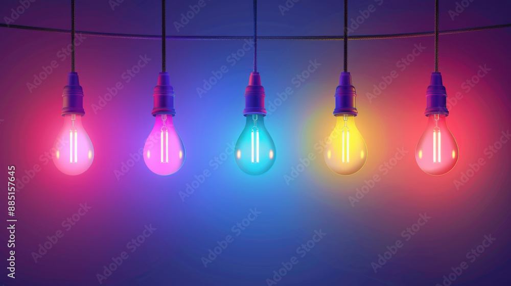 Five multicolored light bulbs hanging in a row against a gradient background, creating a vibrant and modern lighting concept. Five multicolored light bulbs hanging in a row against a gradient background, creating a vibrant and modern lighting concept.