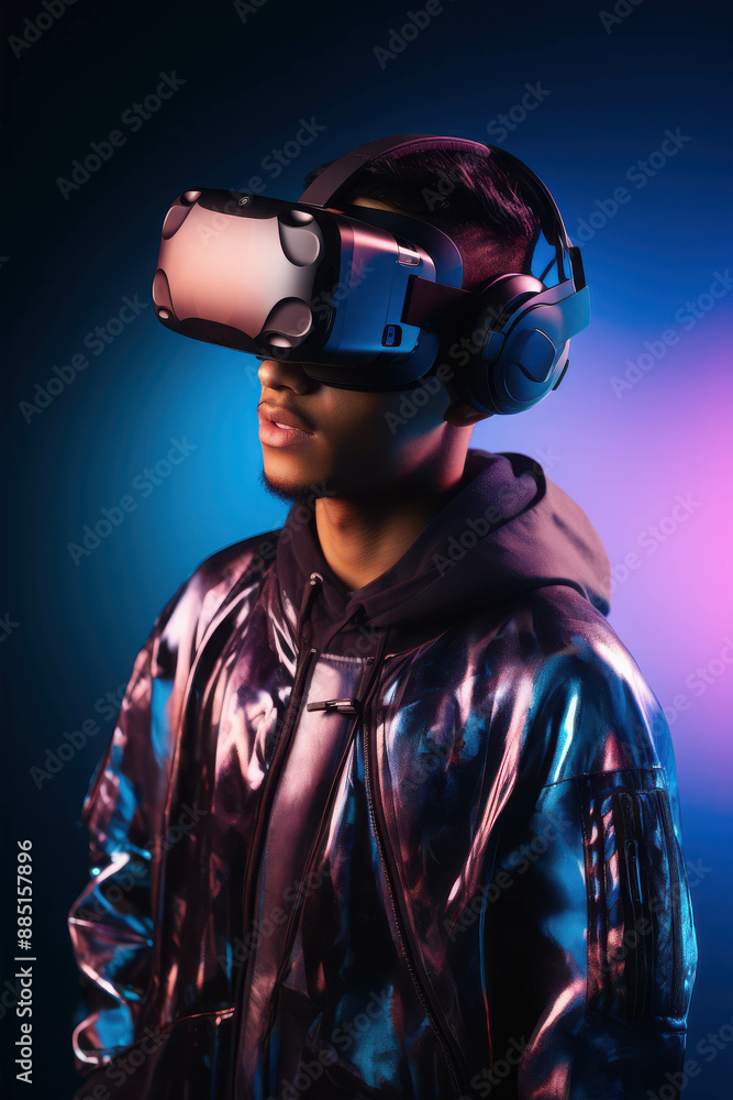 Young Man Immersed in Virtual Reality with Advanced Headset in a Futuristic Gaming Environment Young Man Immersed in Virtual Reality with Advanced Headset in a Futuristic Gaming Environment