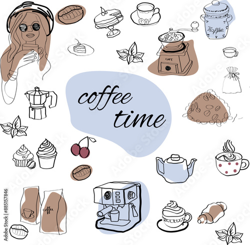 set of hand drawn illustrations of coffee shop doodle for various designs