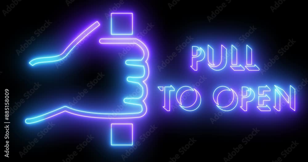 4K Pull to open sign and text animation in an alpha channel. Neon-colored text and sign with a neon moving outline for online shop, blog, web, cafe, and hotel. Technology video material animation.
4K Pull to open sign and text animation in an alpha channel. Neon-colored text and sign with a neon moving outline for online shop, blog, web, cafe, and hotel. Technology video material animation.