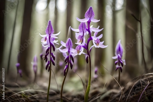 A delicate orchis langei bloom captured in its natural forest environment, showcasing its beautiful purple flowers on a slender stem, photo