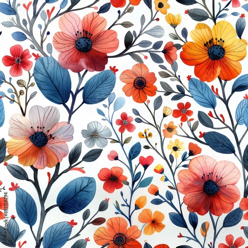 Watercolor Floral Pattern in Vibrant Pink, Blue, Orange, and Brown