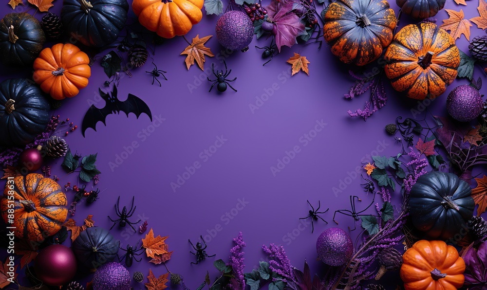 Obraz premium happy halloween holiday concept vertical banner,halloween decorations bats pumpkins spiders witch hats,brooms on purple background flat lay top view copy space