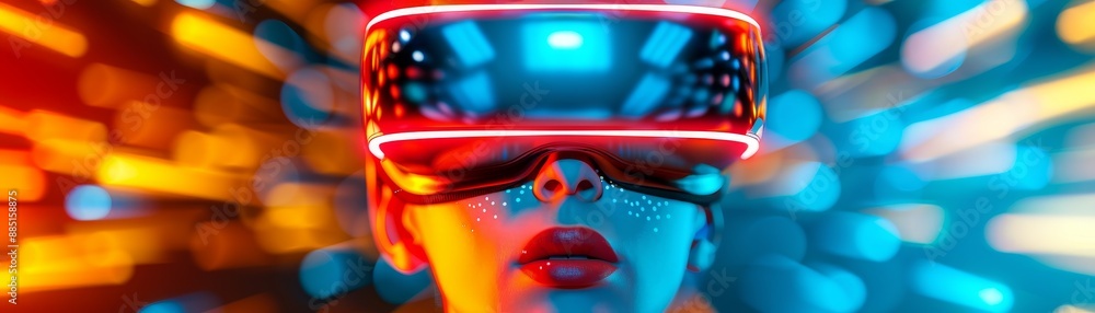 custom made wallpaper toronto digitalclose-up portrait of a young woman wearing a futuristic virtual reality headset with vivid neon lights in the background - modern technology, augmented reality, and immersive experiences.