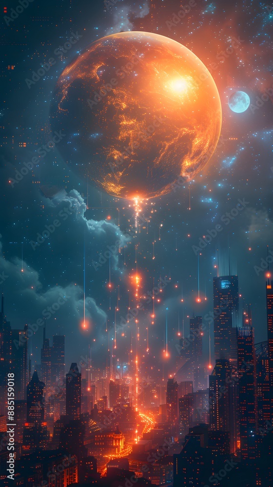 Obraz premium A cityscape with a large orange planet in the background. The city is lit up with neon lights and the sky is filled with stars. Scene is futuristic and otherworldly