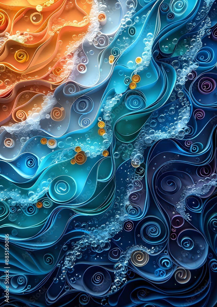 A colorful abstract painting of a wave with gold and blue swirls. The painting has a dreamy, whimsical feel to it, with the colors and shapes creating a sense of movement and fluidity A colorful abstract painting of a wave with gold and blue swirls. The painting has a dreamy, whimsical feel to it, with the colors and shapes creating a sense of movement and fluidity