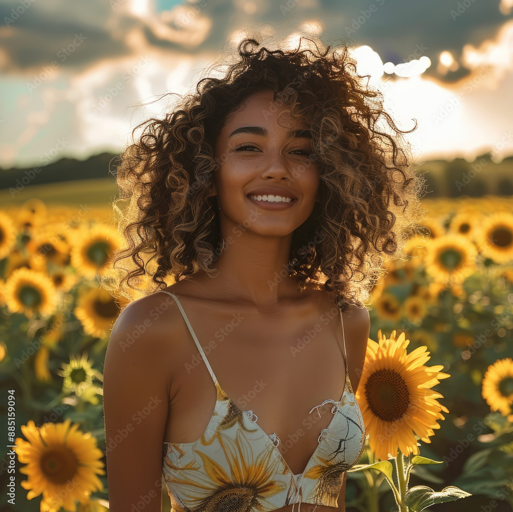 Beautiful woman with curly hair standing in a field of sunflowers, happy. Generative AI. Beautiful woman with curly hair standing in a field of sunflowers, happy. Generative AI.