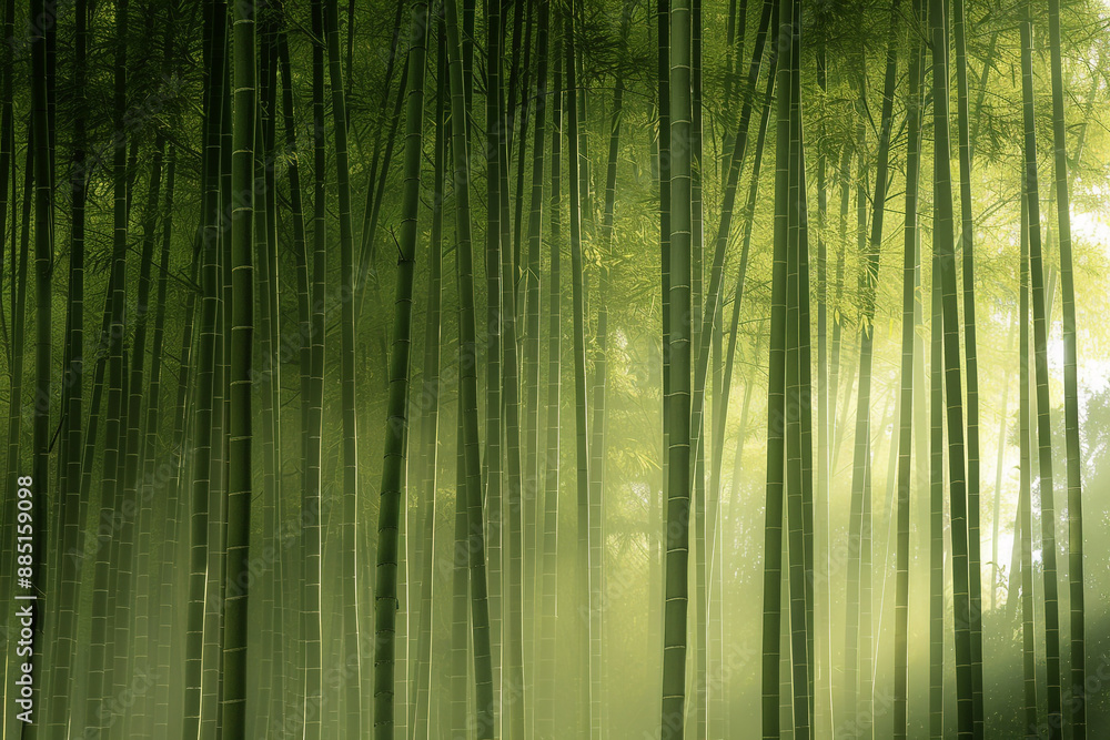 A tranquil bamboo forest bathed in soft morning light, with mist lingering among the tall stalks and creating an atmosphere of serenity and mystery. A tranquil bamboo forest bathed in soft morning light, with mist lingering among the tall stalks and creating an atmosphere of serenity and mystery.