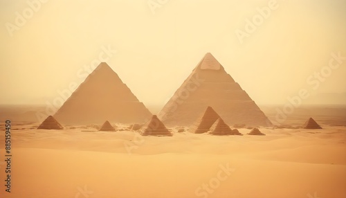  Depict massive pyramids and grand temples with hieroglyphics, set under a clear desert sky with golden sunlight. 