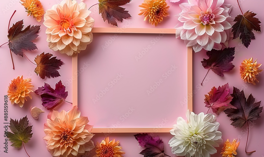 A frame on a pink background with several flowers decorated on it A frame on a pink background with several flowers decorated on it