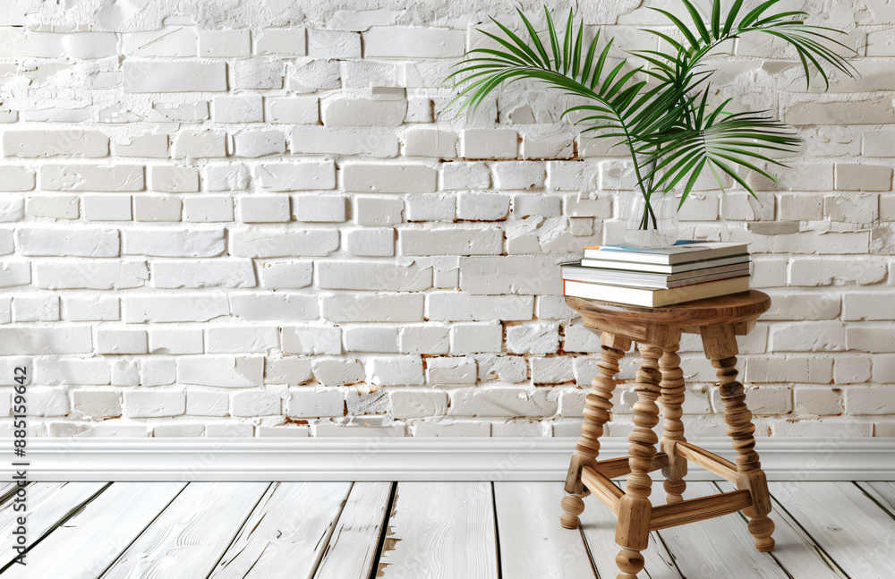Stool with books and green plant on white brick wall background, copy space for text, mockup template stock photo stockphoto graphic design Stool with books and green plant on white brick wall background, copy space for text, mockup template stock photo stockphoto graphic design