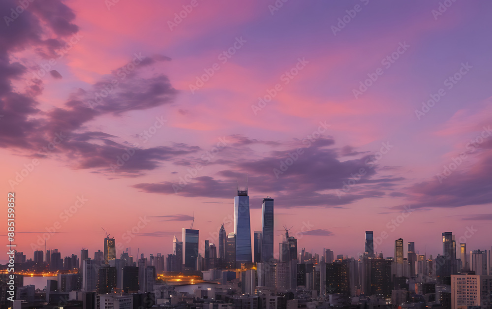 Fototapeta premium Apartment buildings and skyscrapers silhouette against the fading light of dusk.