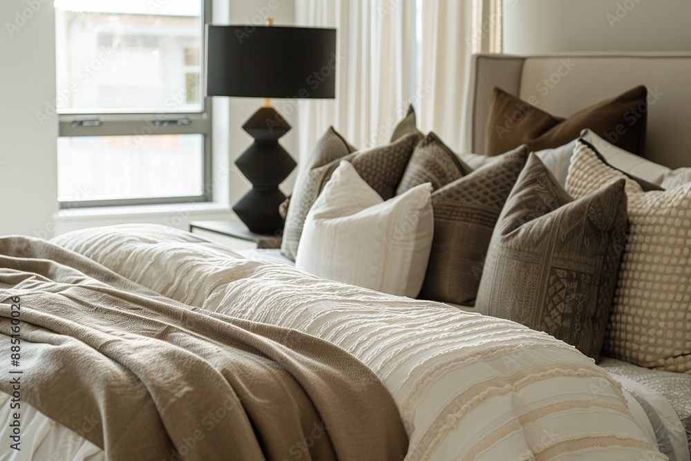 A close shot of the luxurious bed with a variety of pillows in neutral tones, set against the backdrop of a modern bedroom featuring large windows and stylish black lampshades. A close shot of the luxurious bed with a variety of pillows in neutral tones, set against the backdrop of a modern bedroom featuring large windows and stylish black lampshades.