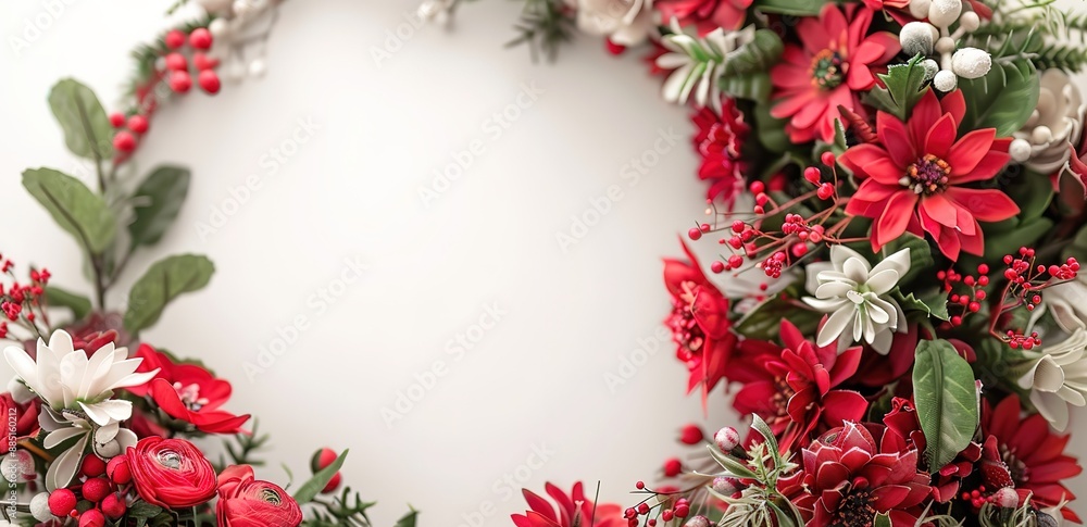 A white background decorated with a collection of several white and red flowers A white background decorated with a collection of several white and red flowers