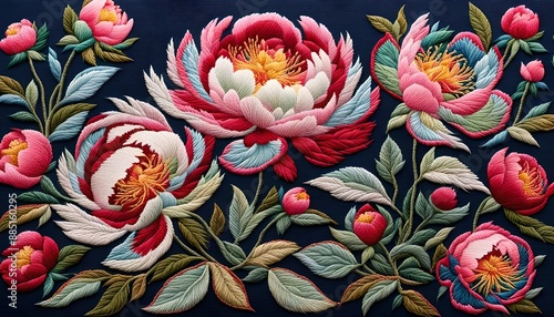Peony Flowers on Embroidery Art 