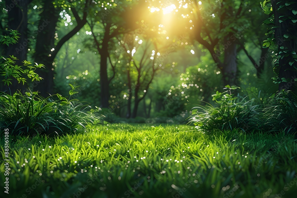 Obraz premium Tranquil Sunlit Forest with Lush Greenery - Stock Photo for Nature Design, Backgrounds, Posters