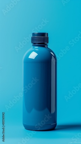 A blue bottle with a blue cap sits on a blue background