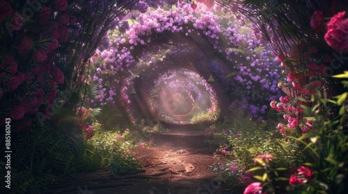 Fantasy mysterious tunnel with blooming flowers in the forest. Spring background.