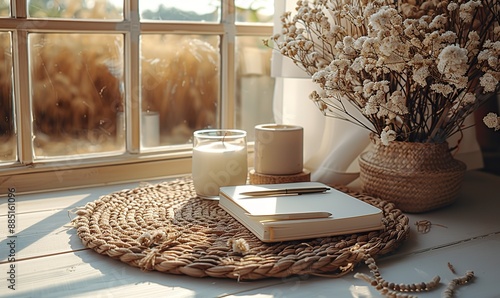 Fototapeta Naklejka Na Ścianę i Meble -  bohemian feminine desk table top view flat lay womens workspace,notebooks pen candle dried flowers on beige background