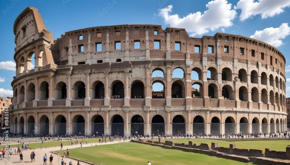 Obraz premium ncient Roman structures like the Colosseum, with its towering arches and intricate stonework, under a clear sky.