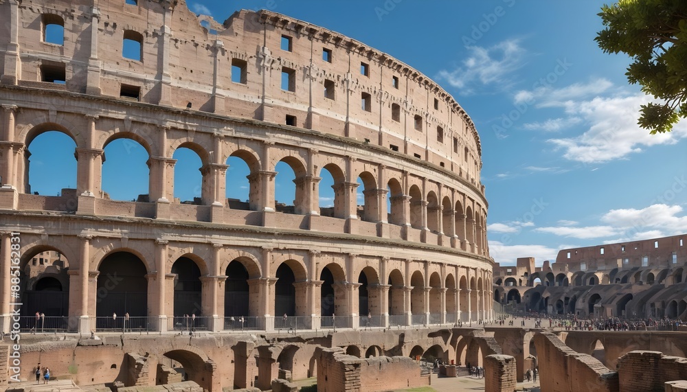 Fototapeta premium ncient Roman structures like the Colosseum, with its towering arches and intricate stonework, under a clear sky.