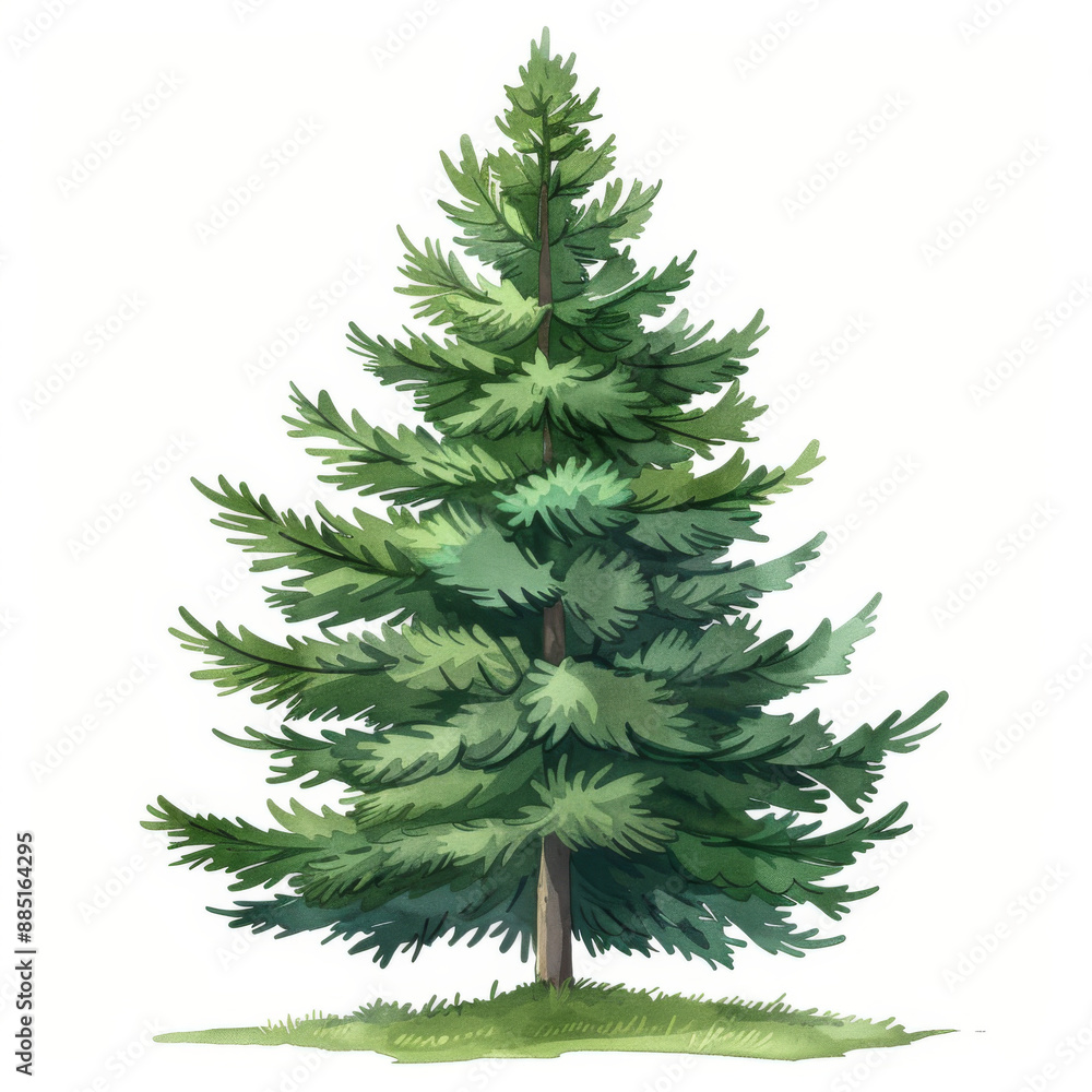 Detailed illustration of a green pine tree, highlighting its lush foliage, against a clean white background. Detailed illustration of a green pine tree, highlighting its lush foliage, against a clean white background.