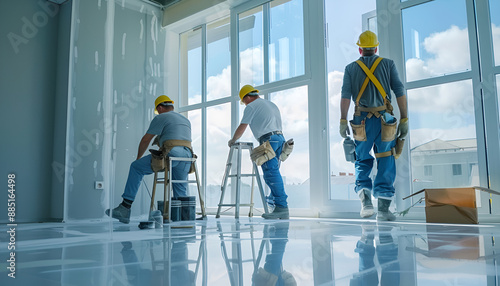 windows installation workers in modern new white room photo